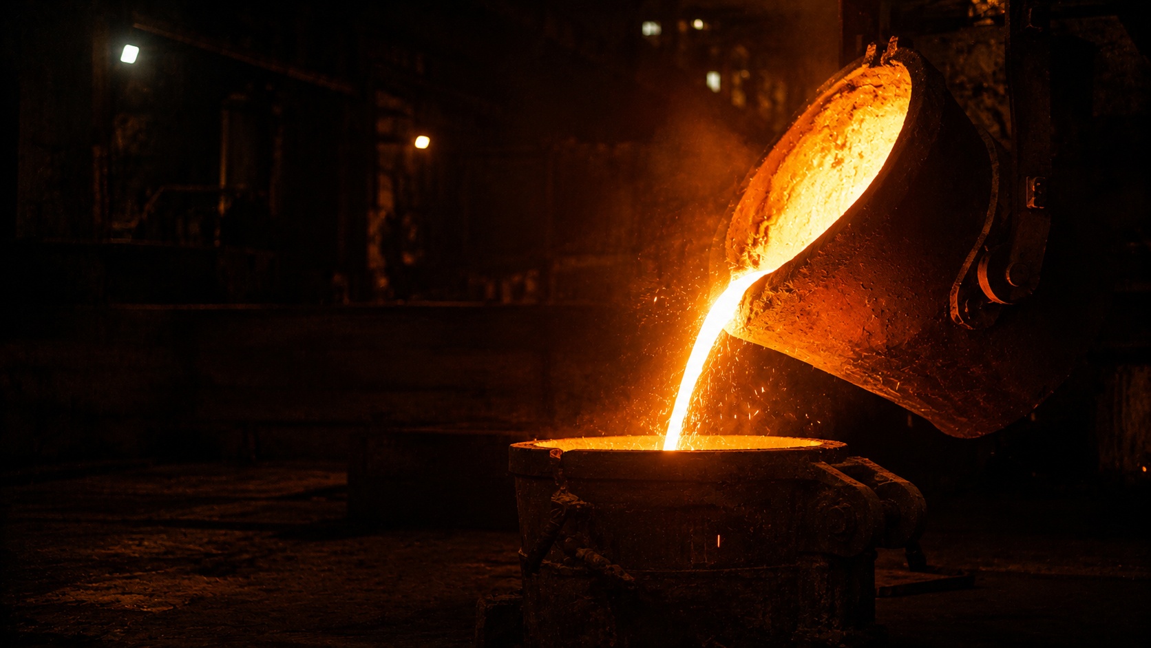 Chorro de metal fundido incandescente viertiéndose desde una cuchara basculante a un crisol, en una fundición en penumbra.