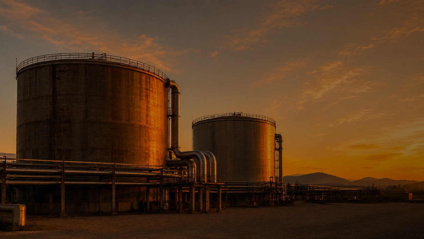 Dos grandes tanques industriales conectados por tuberías aisladas al atardecer.