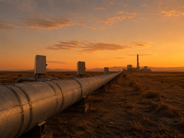 Tubería aislada que recorre una llanura hacia una planta industrial al atardecer.